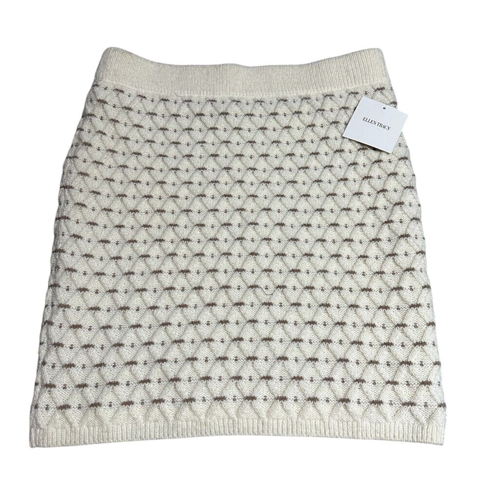 Ellen Tracy Women's Mini Skirt‎ L Knitted Cream & Tan Fitted Stretch NEW $89